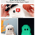 Three-panel image showing a crochet ghost amigurumi, with one panel highlighting its glow-in-the-dark feature. Text mentions a free crochet pattern and video tutorial.
