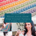Close-up of a colorful Wheat Stitch Triangle Shawl, with images of a woman wearing it; text promotes a free crochet pattern and video tutorial.