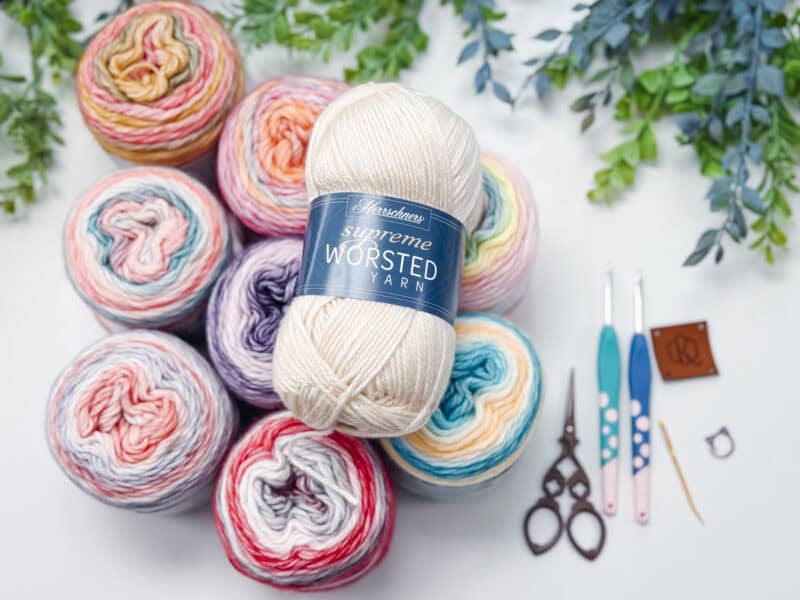Nine skeins of multicolored yarn, scissors, crochet hooks, a yarn needle, and a leather label are arranged on a white surface with green plants in the background.