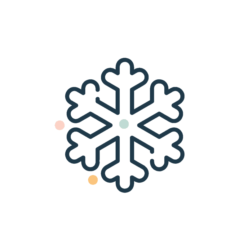 A simple snowflake icon outlined in dark blue with two small colored dots, one orange and one pink, on a plain light background.