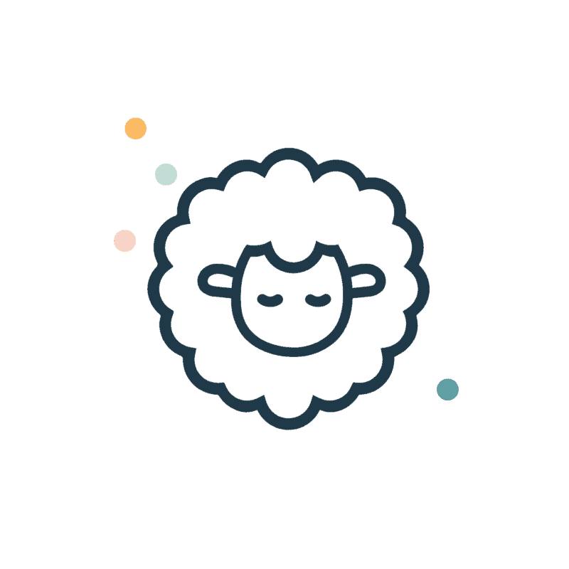 Simple line drawing of a sheep's head with closed eyes inside a fluffy outline, surrounded by small pastel-colored dots on a light background.