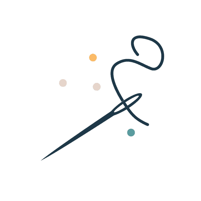 A simple illustration of a sewing needle with thread looped through it, surrounded by five small, colored dots on a white background.
