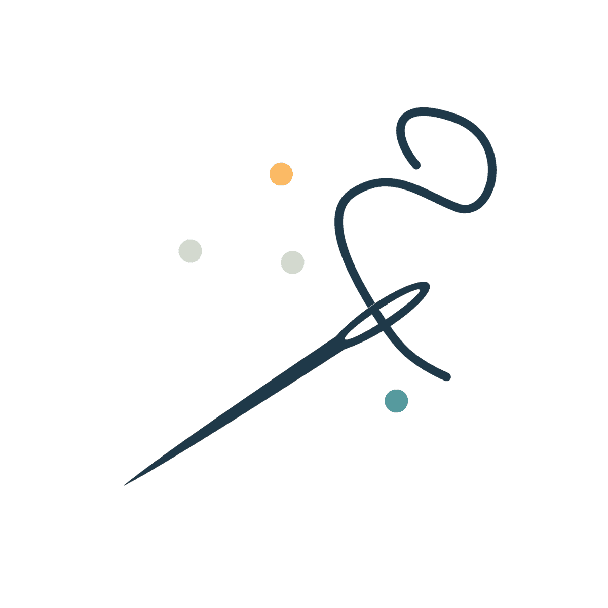 A simple illustration of a sewing needle with thread looped through it, surrounded by five small, colored dots on a white background.