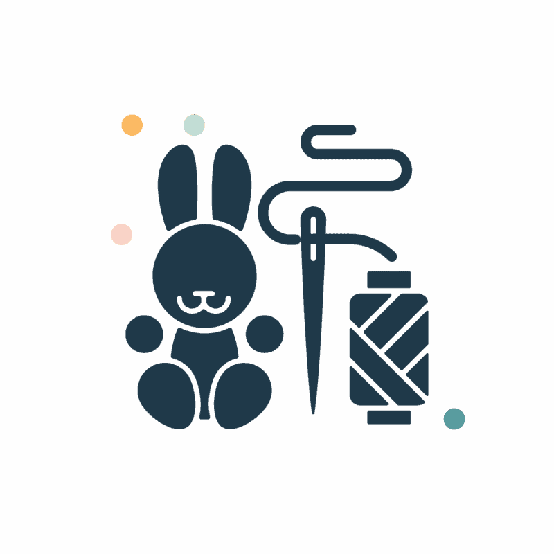 Illustration of a bunny, a sewing needle with thread, and a spool of thread, with small colored dots in the background.