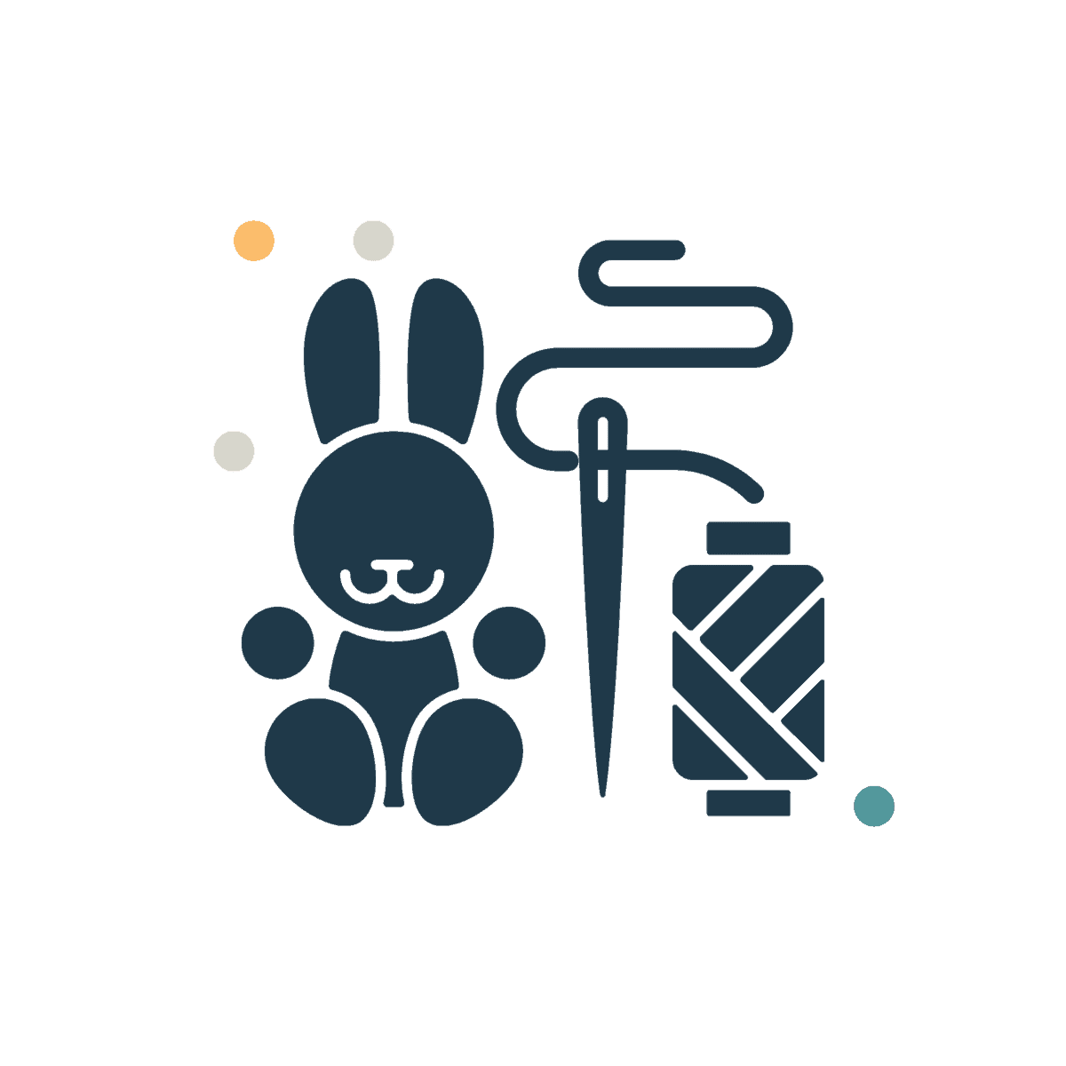 Illustration of a bunny, a sewing needle with thread, and a spool of thread, with small colored dots in the background.