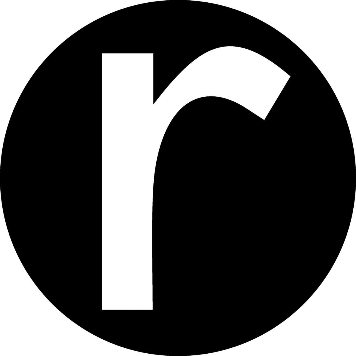 A bold, lowercase letter "r" in white is centered inside a solid black circle on a light gray background.