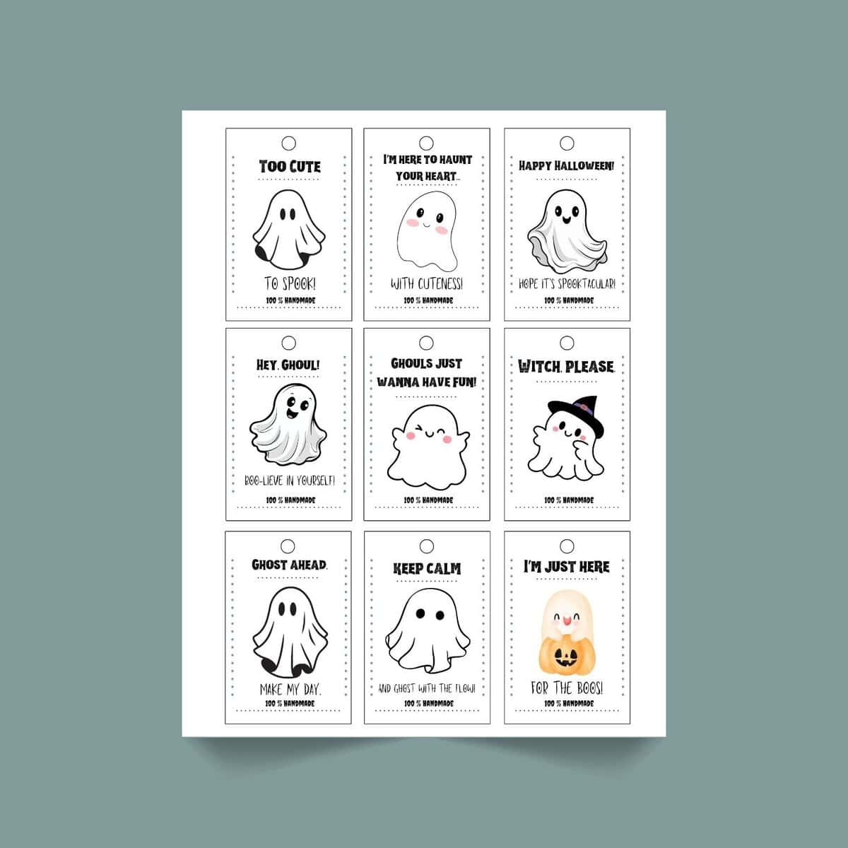 Sheet of nine Halloween-themed cards featuring cartoon ghosts and puns, each with a perforated line for easy separation, displayed on a grayish-green background.