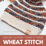 A multicolored crochet beanie with a faux fur pompom is displayed on a white surface with autumn leaves; text promotes the Wheat Stitch Crochet Beanie pattern and video tutorial.