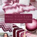 A pink, maroon, and white chevron crochet blanket is displayed on a couch, with close-ups of the pattern, yarn, crochet hook, and a woman holding the blanket. Text promotes a tutorial.