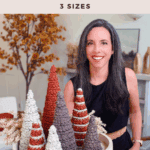 A woman stands behind a tray displaying crochet cone-shaped trees in various colors and sizes, with text promoting a free crochet pattern and video tutorial for "Wheat Stitch Trees.