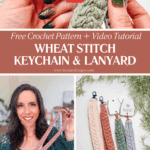 Collage showing a crochet keychain and lanyard tutorial, with images of hands crocheting, a woman holding finished items, and completed keychains and lanyards displayed on a wall.