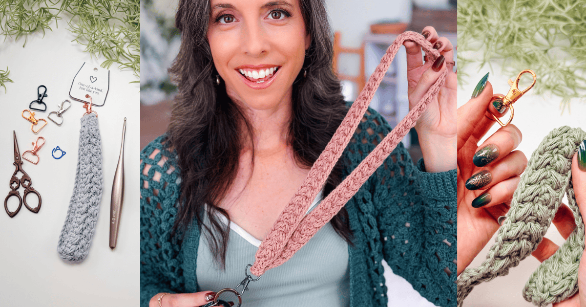 A woman holds a crocheted lanyard. Close-up shots show the lanyard's texture, crochet hook, and attached hardware. Crocheted items and craft tools surround the scene.