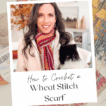 Woman wearing a colorful crochet wheat stitch scarf, holding a small black and white dog, with text promoting a free pattern and video tutorial for making the scarf.