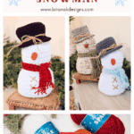 Two crocheted snowman dolls with hats and scarves are displayed, with supplies and yarn for making them shown below, alongside a video tutorial icon.