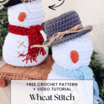 Two crocheted snowman dolls with hats and scarves are displayed on a wooden surface. Text overlay advertises a free crochet pattern and tutorial for the wheat stitch snowman.