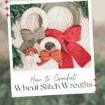 Three crocheted wreaths in different sizes and colors, each with a bow, displayed on a neutral background with evergreen sprigs. Text promotes a free pattern and video tutorial.