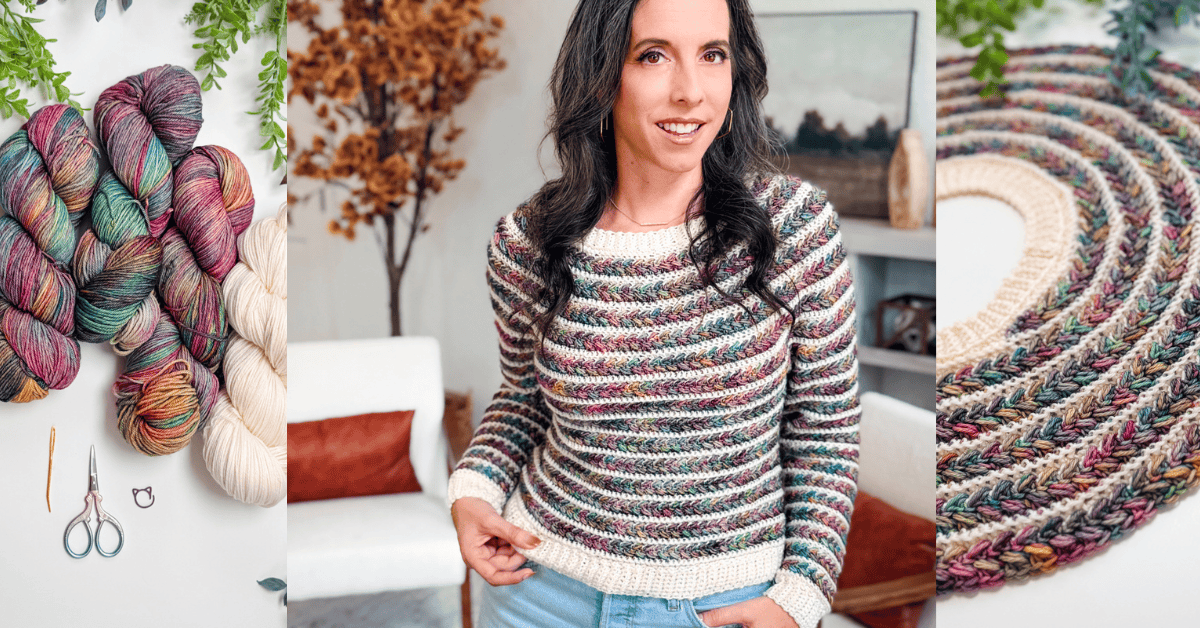 A woman wearing a multicolored crocheted sweater stands indoors; beside her are skeins of yarn, crochet tools, and a close-up of the sweater's textured pattern.