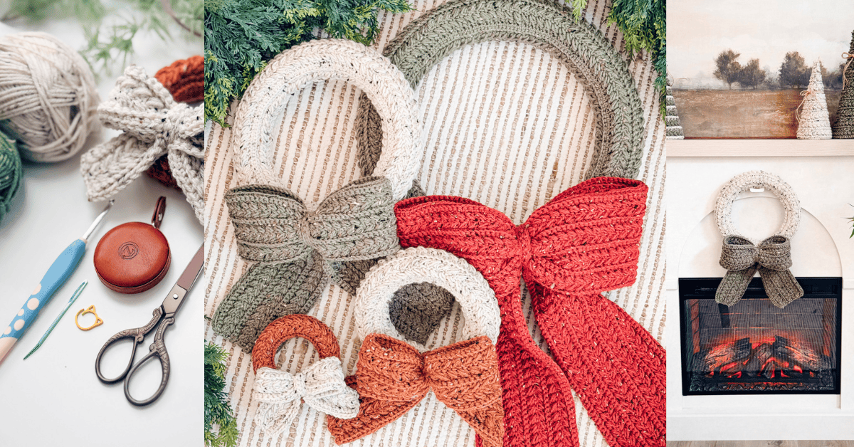 Four crochet wreaths with large bows in green, cream, and red yarn are displayed with crafting tools and near a fireplace as seasonal decor.