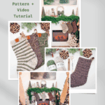 Collage showing wheat stitch crochet Christmas stockings in neutral colors, displayed by a fireplace with holiday decorations; includes text about a free pattern and video tutorial.