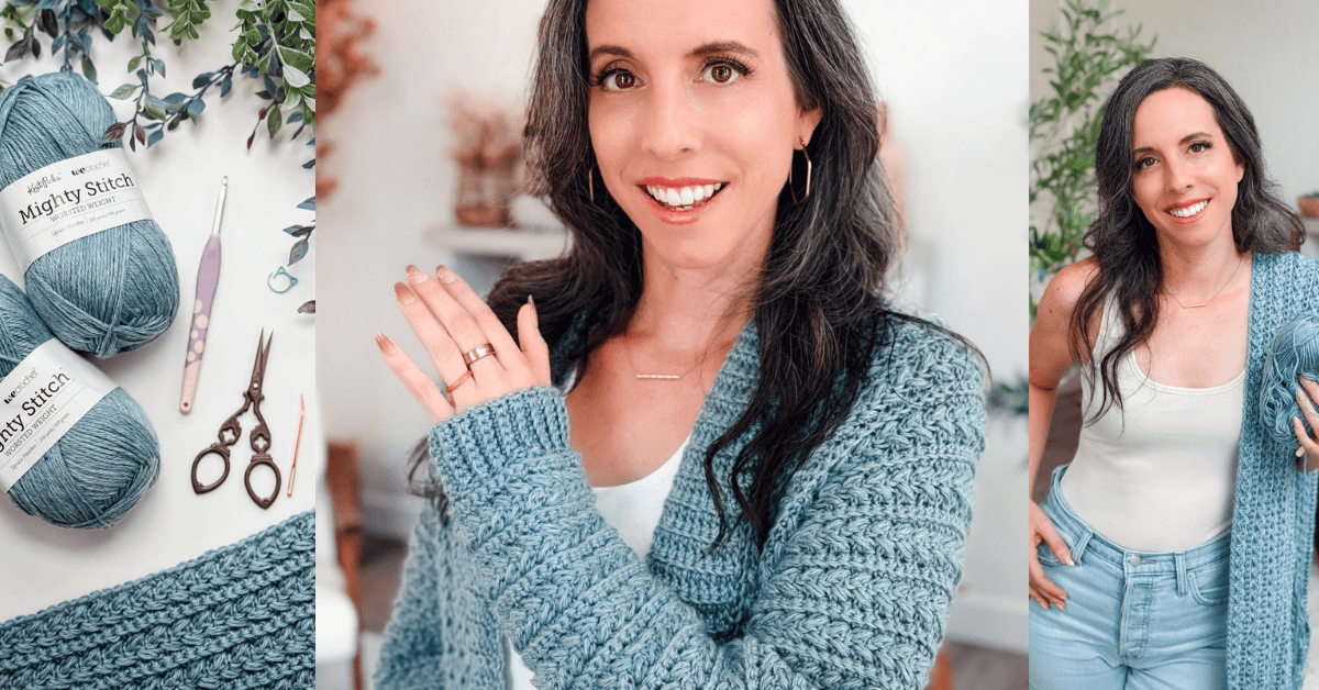 Three images: yarn, crochet hooks, and scissors; a woman wearing a Wheat Stitch Crochet Sweater; and the woman posing in the same cardigan while holding yarn.