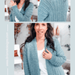 A woman models a light blue crocheted cardigan in close-up and full views, with text promoting the Wheat Stitch Crochet Sweater pattern and video tutorial.