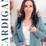 Woman wearing a crocheted blue cardigan, standing indoors and smiling, with text promoting a Wheat Stitch Crochet Sweater pattern and video tutorial available in sizes XS to 5X.