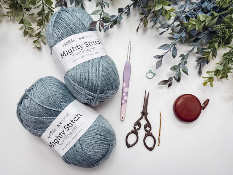 Two skeins of blue yarn, a crochet hook, scissors, tape measure, yarn needle, and stitch markers are arranged on a white surface with green leaves—perfect essentials for creating your own Wheat Stitch Crochet Sweater.