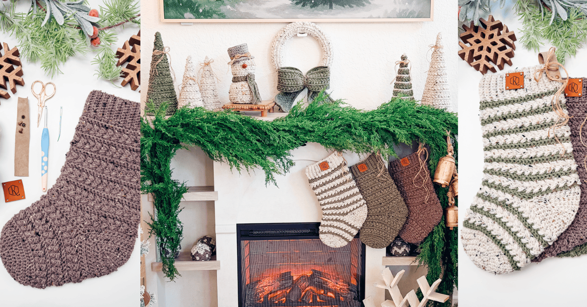 Three crocheted Wheat Stitch Crochet Christmas Stockings hang on a decorated fireplace mantel with greenery, yarn trees, and holiday ornaments, surrounded by craft tools and close-up views of stockings.