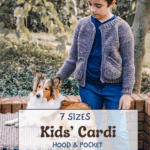 A boy wearing a knitted cardigan stands beside a dog on a bench. Text overlay advertises the Cascade Child Crochet Cardigan pattern in 7 sizes, featuring a hood, pocket, step-by-step instructions, and a video tutorial.