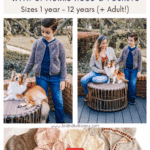 Two children and a woman model Cascade Child Crochet Cardigan pattern creations outdoors; a dog sits on a bench beside them. Close-up image and video play button at the bottom highlight the cardigan’s intricate details.