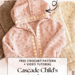 Three crocheted children's cardigans in pink, tan, and beige are displayed, with text promoting a free Cascade Child Crochet Cardigan pattern and video tutorial.