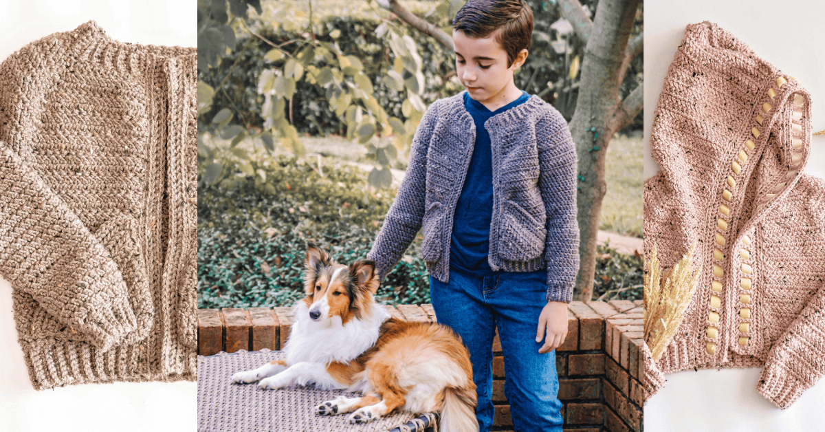 A boy in a textured knit cardigan stands beside a collie on a bench, flanked by close-up images of two different Cascade Adult Crochet Cardigans.