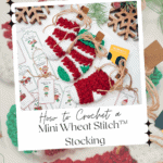 A flat lay showing Wheat Stitch Crochet Mini Stocking designs in red, white, and green, surrounded by gift tags, twine, and crafting supplies, with text promoting a free pattern and video tutorial.
