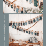 Wheat Stitch Crochet Mini Stockings in blue and gray tones hang on twine against a white wall, shown in close-up and full display with decorative elements below.
