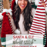Woman wearing a red-and-white Santa hat, holding two crocheted hats, with text promoting a Wheat Stitch Crochet Santa & Elf Stocking Hat pattern and video tutorial.