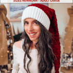 A woman wearing a red and white crocheted Santa hat stands indoors; text promotes a free Wheat Stitch Crochet Santa & Elf Stocking Hat pattern and video tutorial in various sizes.