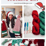 A woman holds up two crocheted hats; beside her are yarn, crochet hooks, scissors, and finished hats, promoting a free Wheat Stitch Crochet Santa & Elf Stocking Hat pattern and video tutorial.