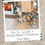 A decorated Christmas tree stands on a crocheted wheat stitch tree skirt; text promotes a free pattern and video tutorial from Brianakdesigns.com.