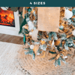 Christmas tree with gold and white decorations stands on a beige crochet tree skirt in a cozy room with a fireplace. Text on image offers a free crochet pattern and video tutorial.