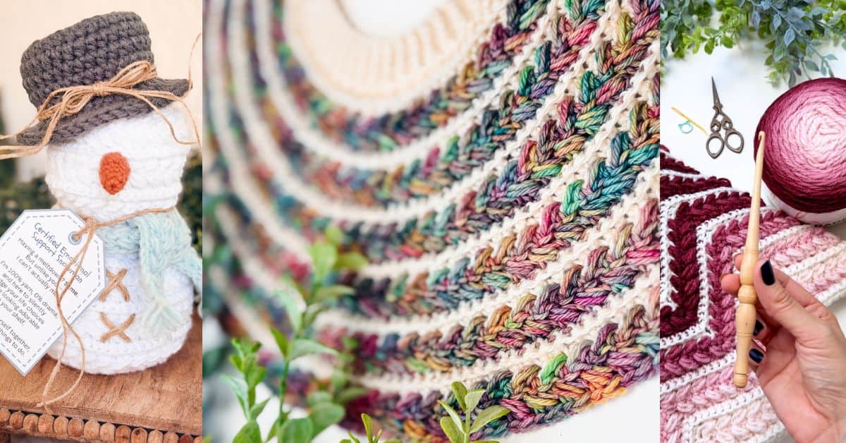 A handmade crocheted snowman, a colorful crocheted garment with a herringbone pattern, and a hand holding a crochet hook next to yarn and scissors.