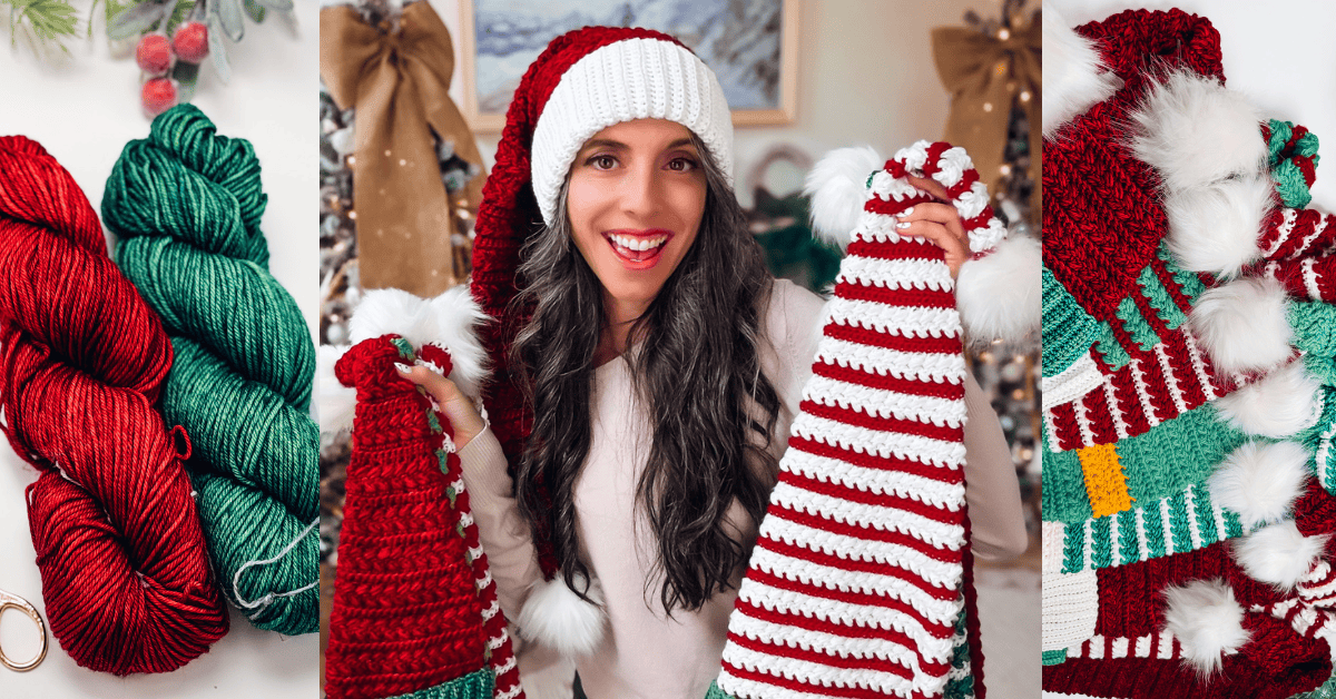 A woman wearing a Santa hat holds two red and white striped crocheted hats; yarn and crochet details are shown on either side.