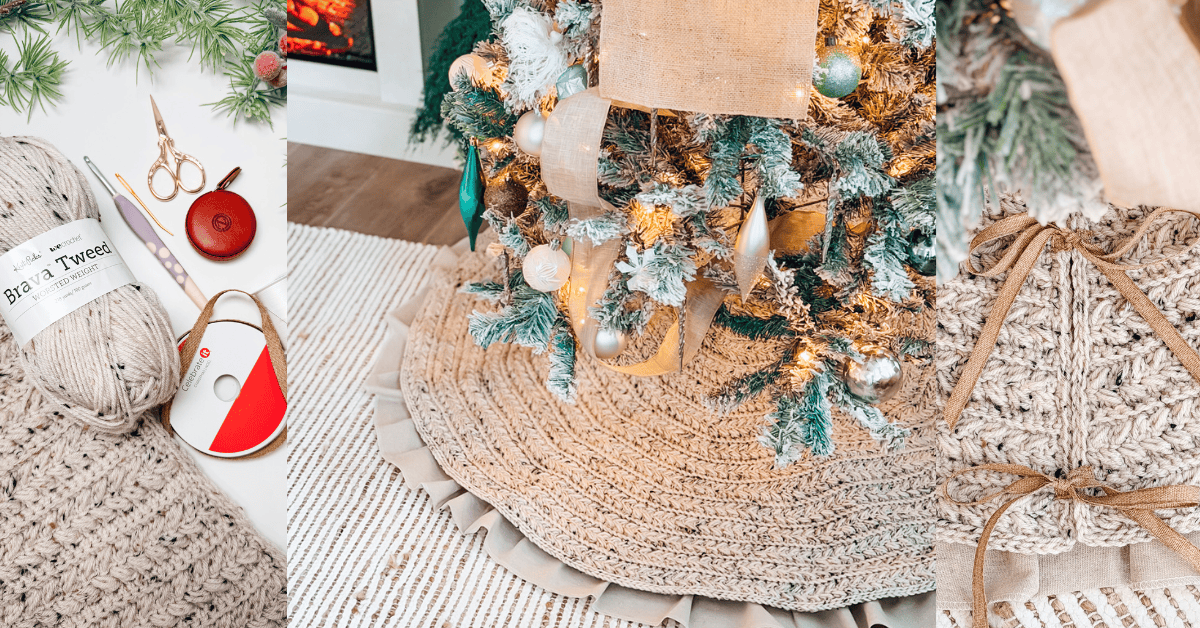 A crocheted tree skirt with a ruffled edge is displayed under a decorated Christmas tree, alongside crochet supplies and tools.