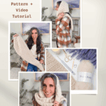 Collage showing a woman demonstrating a crocheted wheat stitch hooded scarf, yarn supplies, and text promoting a free crochet pattern and video tutorial from brianakdesigns.com.