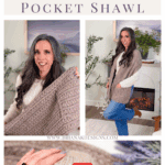 A woman models and displays a knitted wheat stitch pocket shawl; includes close-up of the shawl and a YouTube play button indicating a video tutorial.