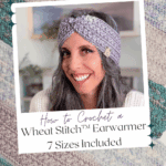 Smiling woman wears a purple Wheat Stitch crochet earwarmer pattern. Text overlay reads: "How to Crochet a Wheat Stitch™ Earwarmer, 7 Sizes Included, Free Pattern + Video Tutorial.