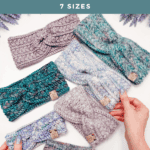 A hand arranges colorful, knitted earwarmers of various sizes on a white surface, with text promoting a free Wheat Stitch crochet earwarmer pattern and video tutorial.