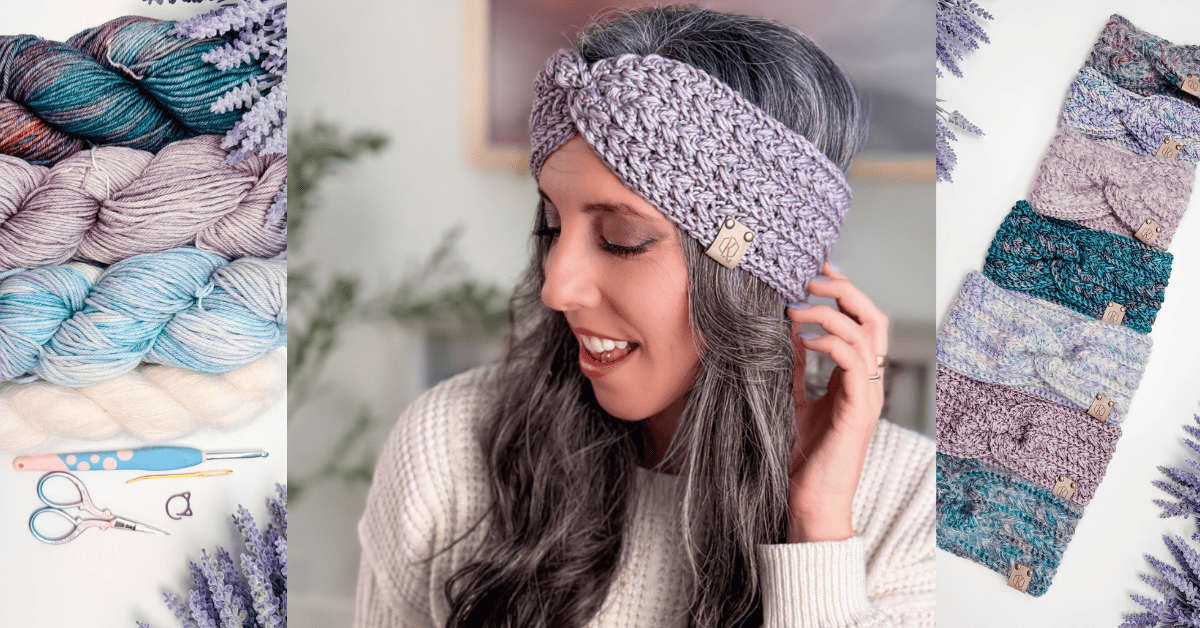 A woman wears a light purple knitted headband. On the left are yarn skeins, crochet hook, and scissors; on the right are six folded, colorful knitted headbands made using the Wheat Stitch crochet earwarmer pattern.