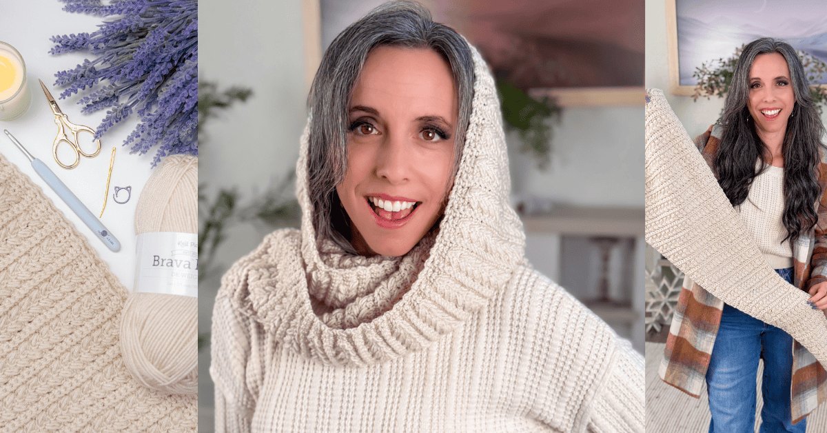 A woman with long gray hair models a cream-colored crocheted hooded cowl, with crochet supplies and a closeup of the cowl shown in the surrounding images.