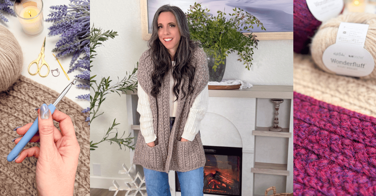 A woman wearing a knitted vest stands in front of a fireplace; the surrounding panels show yarn, a crochet hook, and a close-up of knit fabric.