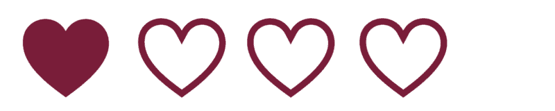 One solid maroon heart followed by three outlined maroon hearts, representing a one out of four rating.
